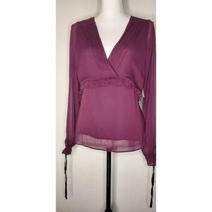 Q + A Long Sleeve V Neck Pleated Ruffle Blouse M